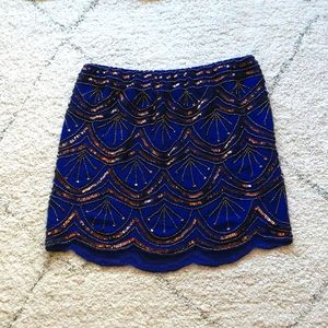 [SOLD]  -- Hazel brand skirt, 1920s style, blue with copper beading XS/S